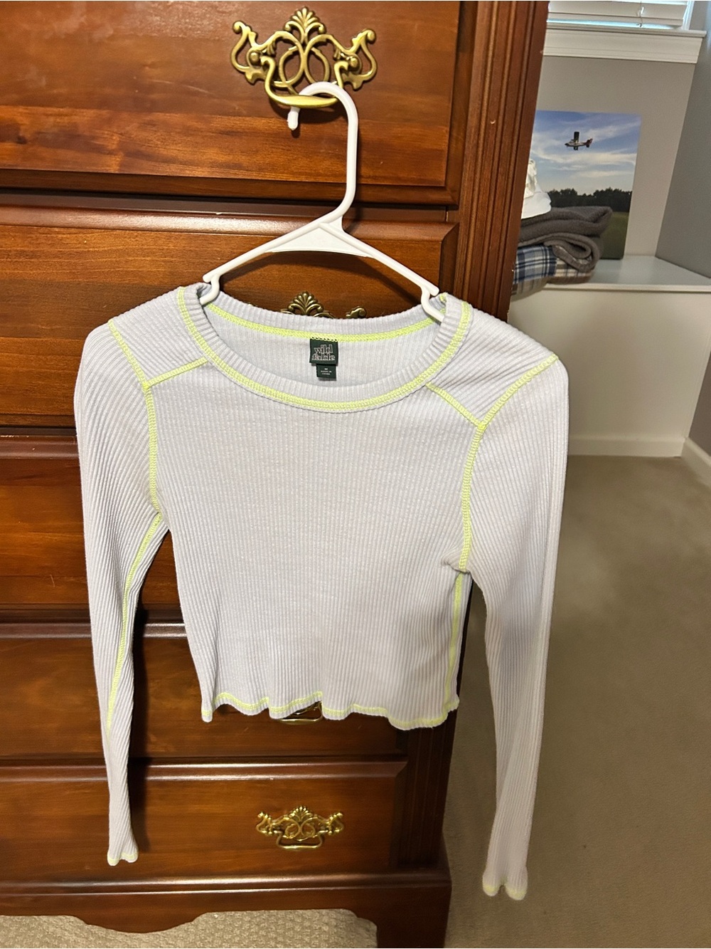 wild fable White Ribbed Long-Sleeve Crop Top with Neon Yellow Stitching